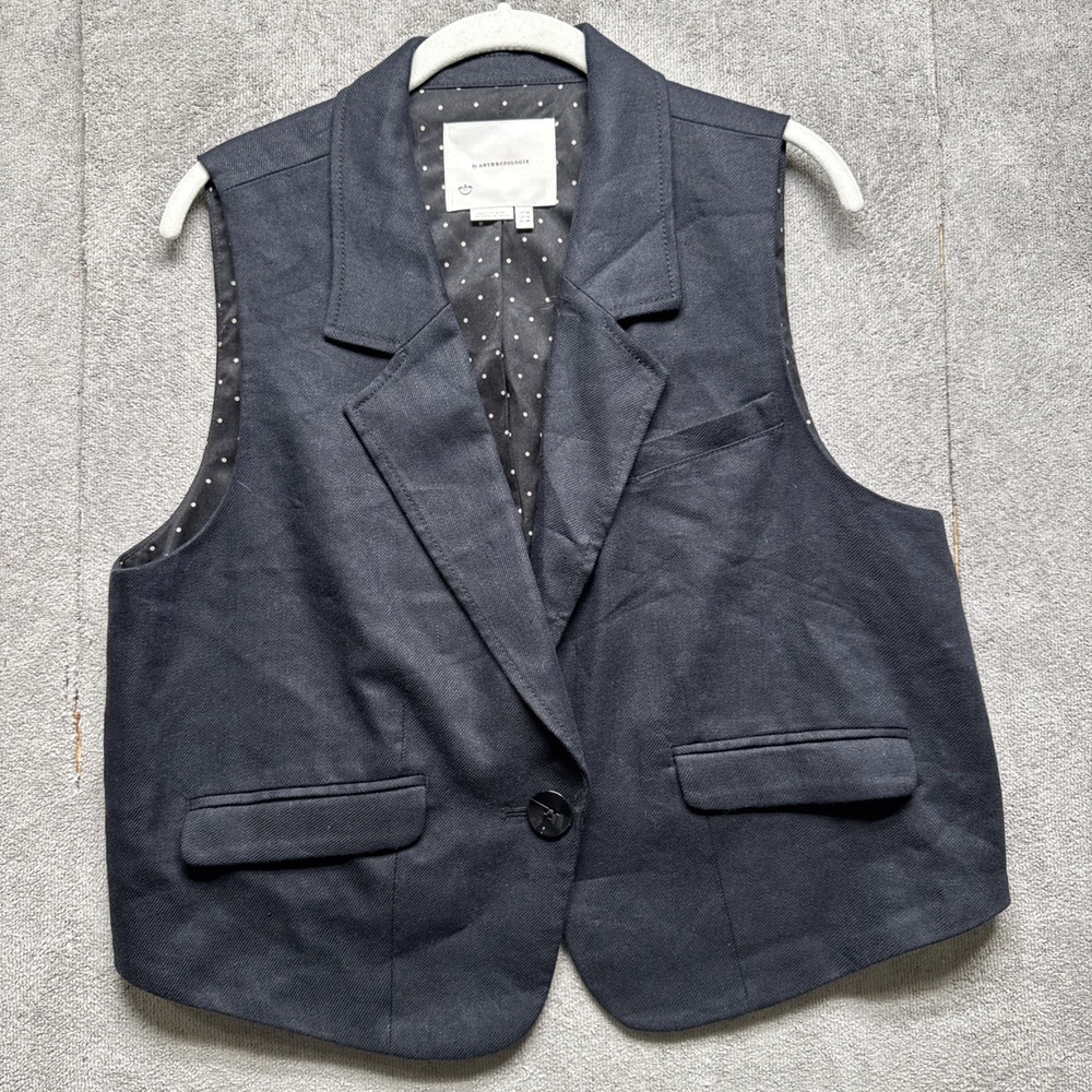 By Anthropologie Women's Black Vest Size 14 Preppy Academia Layering Piece Linen